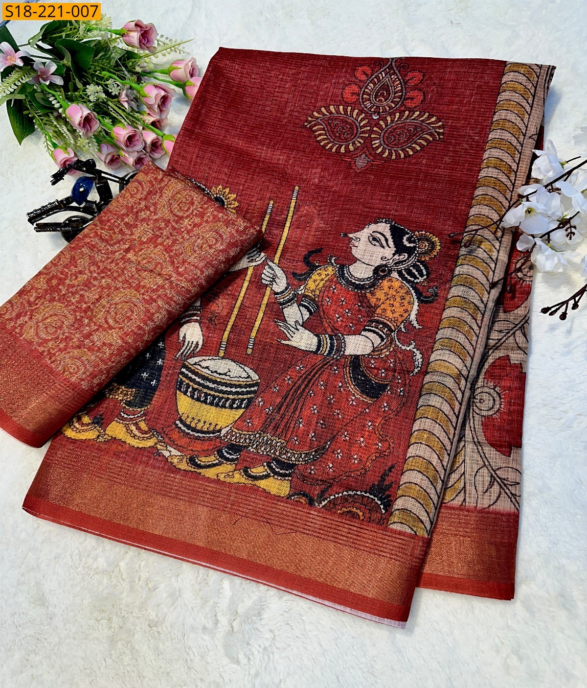 Brick Red Fancy Tussar Siik Saree