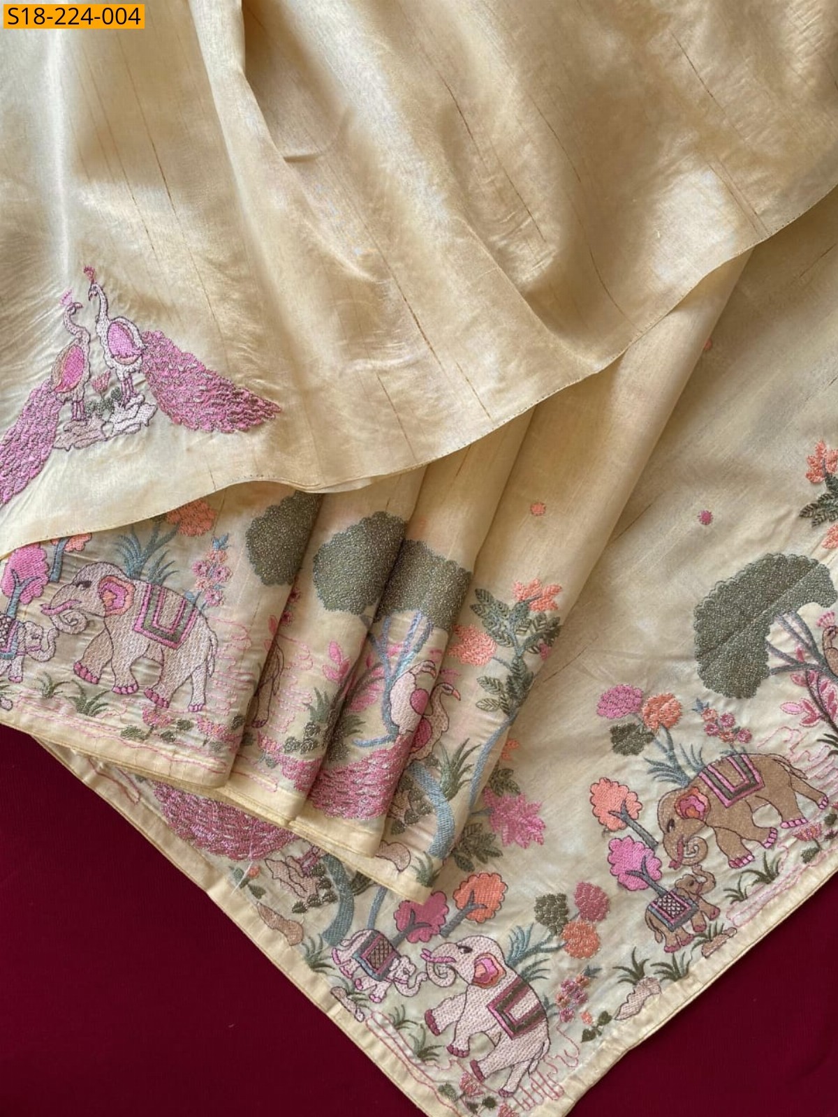 Beige Tussar silk embroidery sarees