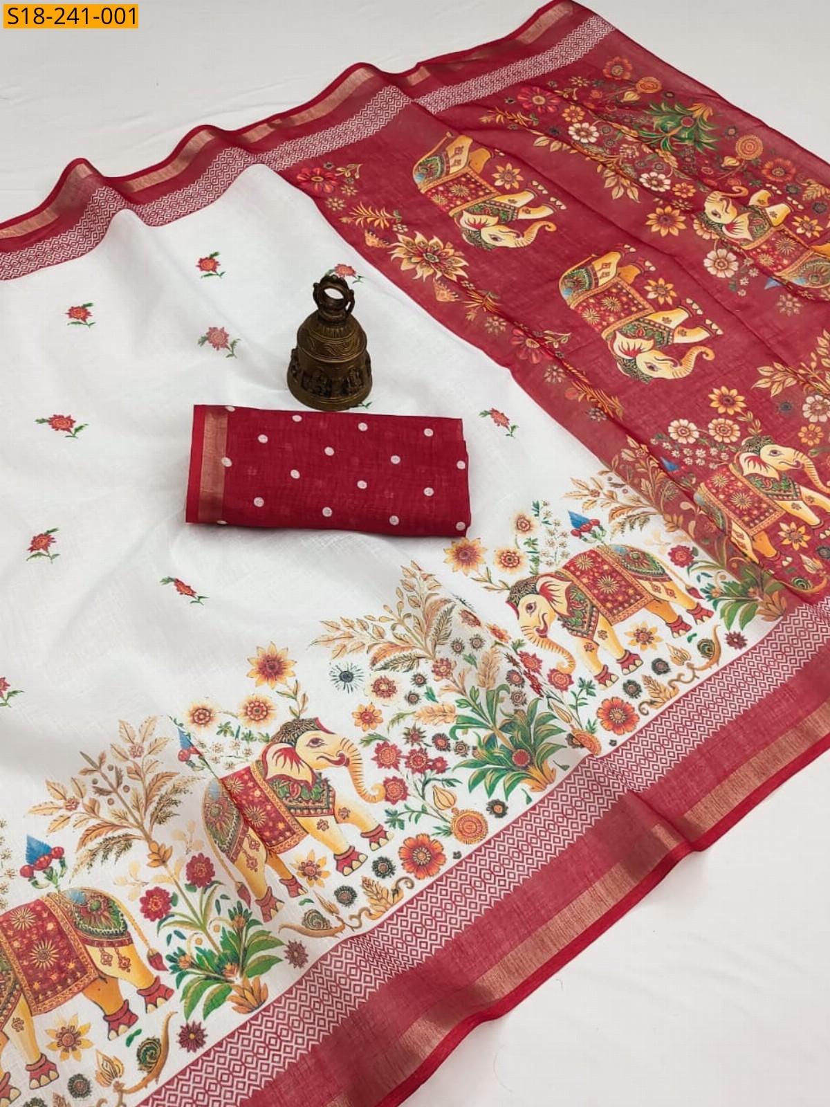 White Fancy Linen Digital Printed Saree