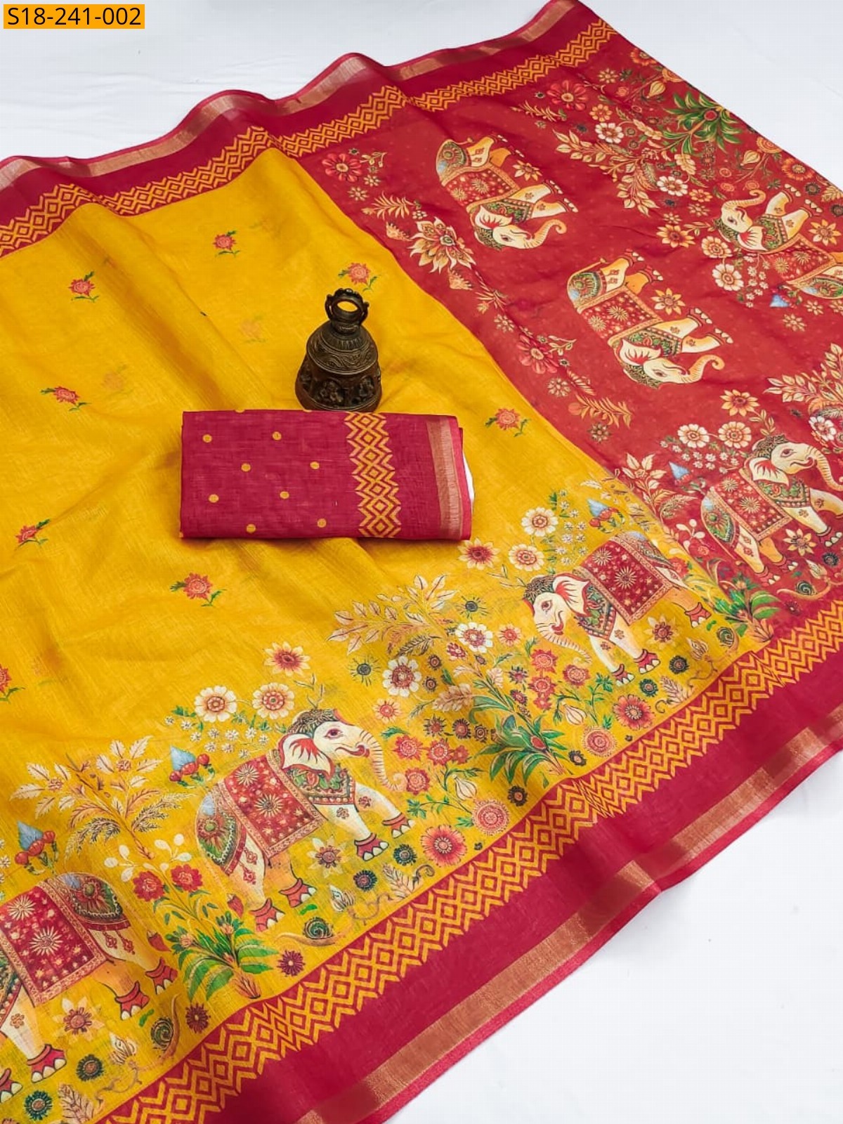 Yellow Fancy Linen Digital Printed Saree