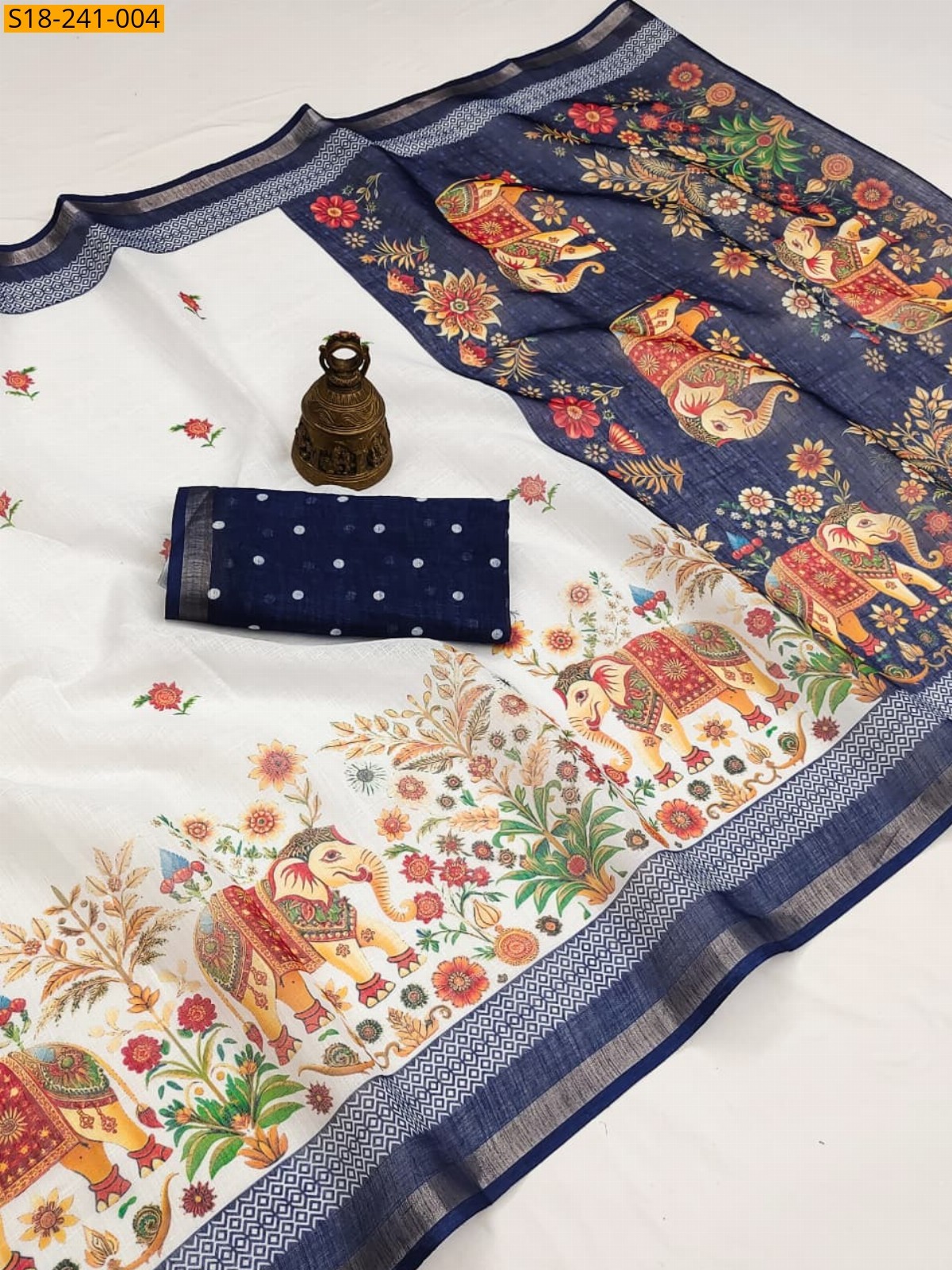 White Fancy Linen Digital Printed Saree