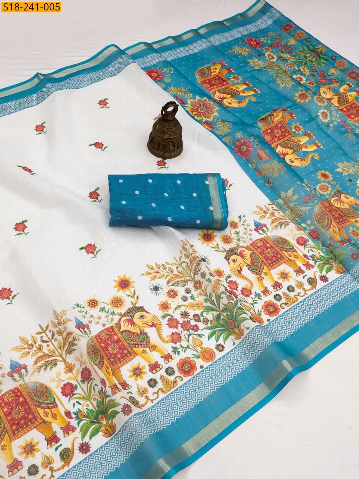 White Fancy Linen Digital Printed Saree