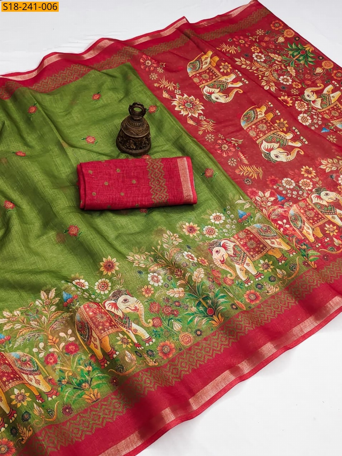 Green Fancy Linen Digital Printed Saree