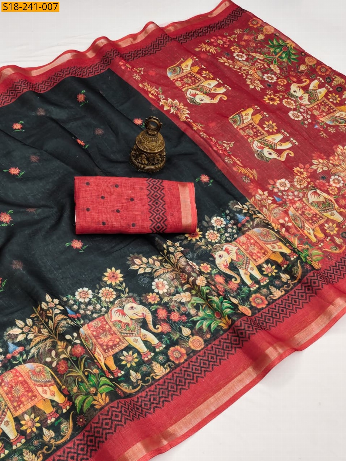 Black Fancy Linen Digital Printed Saree