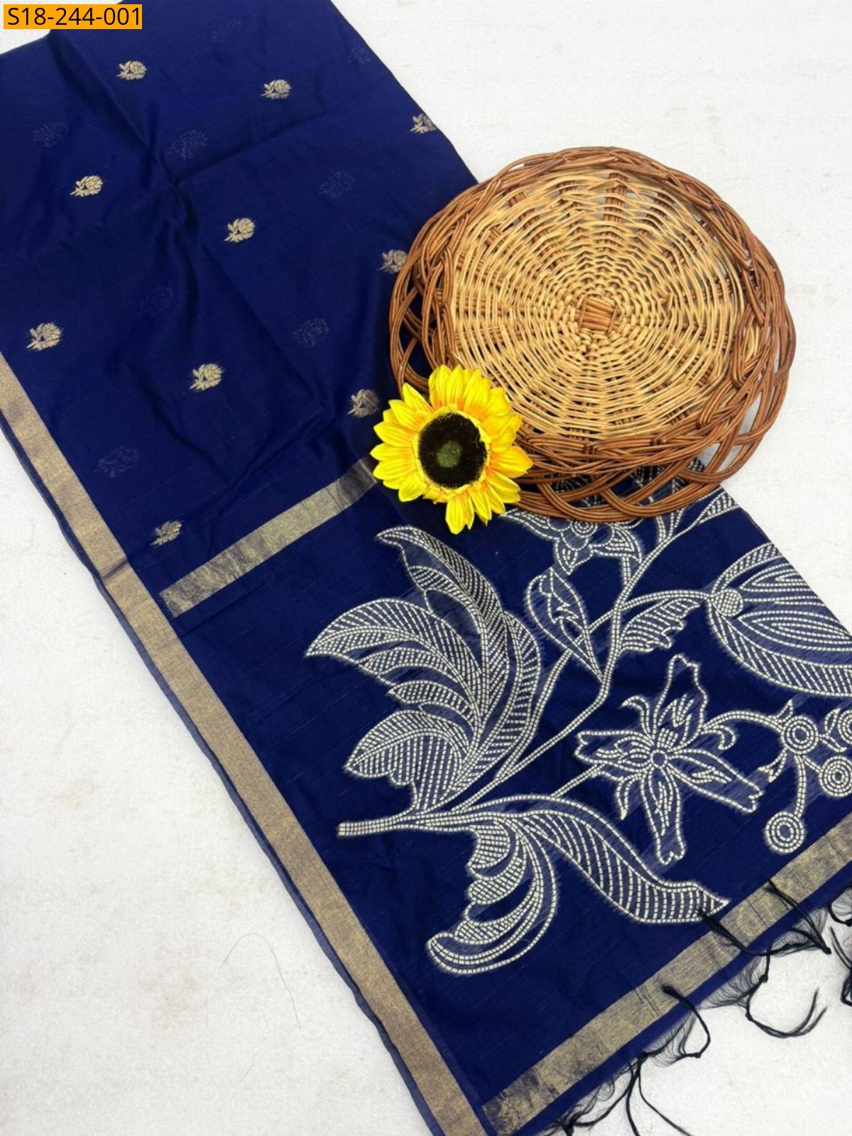 Navy Blue Fancy Soft Muga Cotton Saree