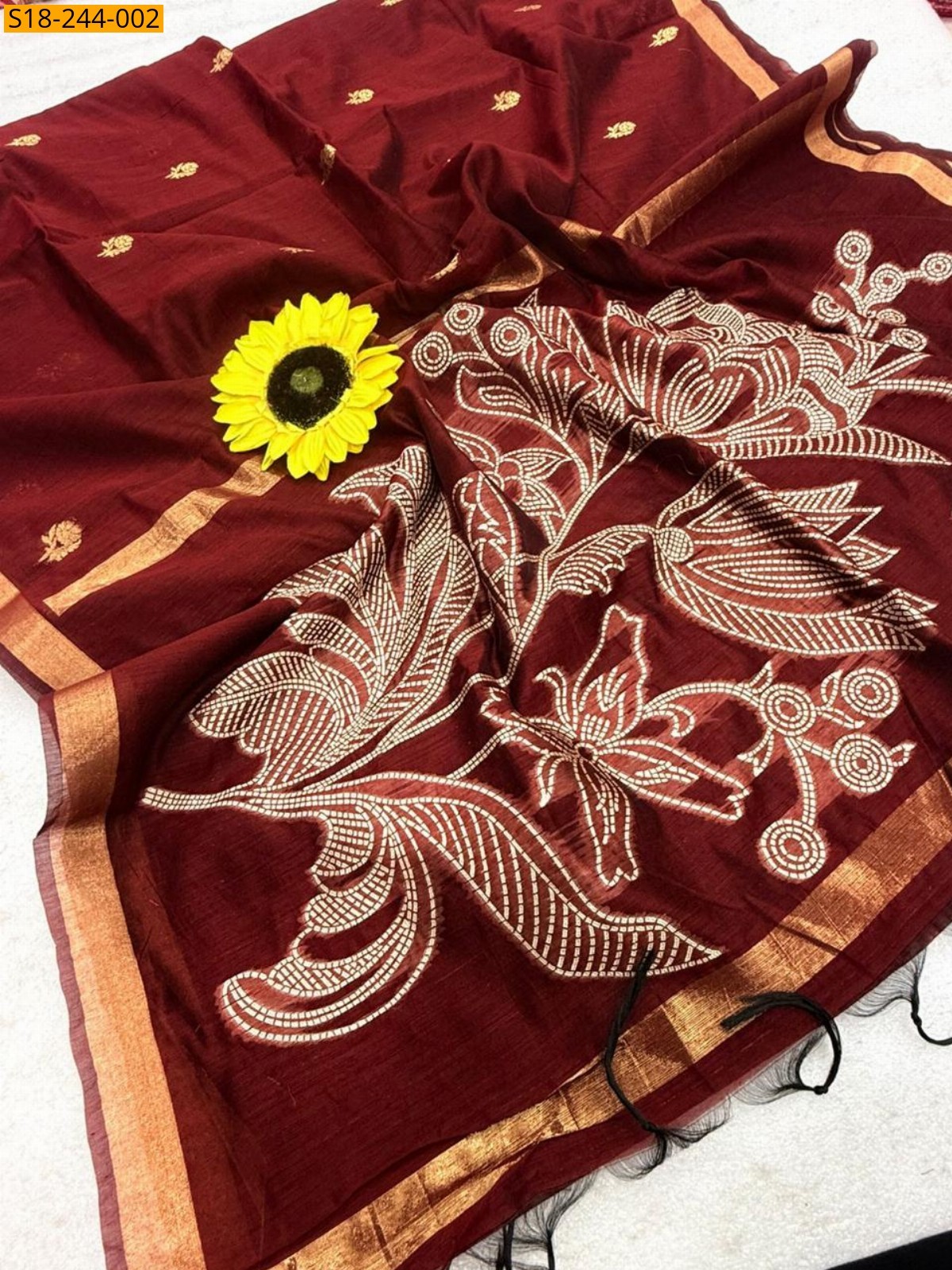 Maroon Fancy Soft Muga Cotton Saree
