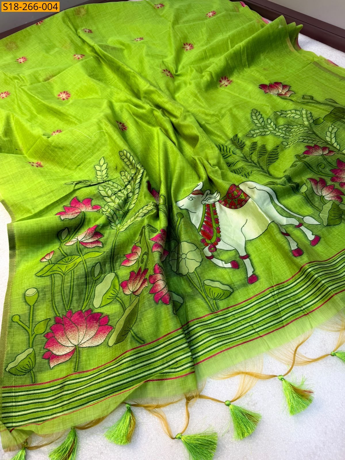 Parrot Green Fancy Soft Muga Cotton Saree