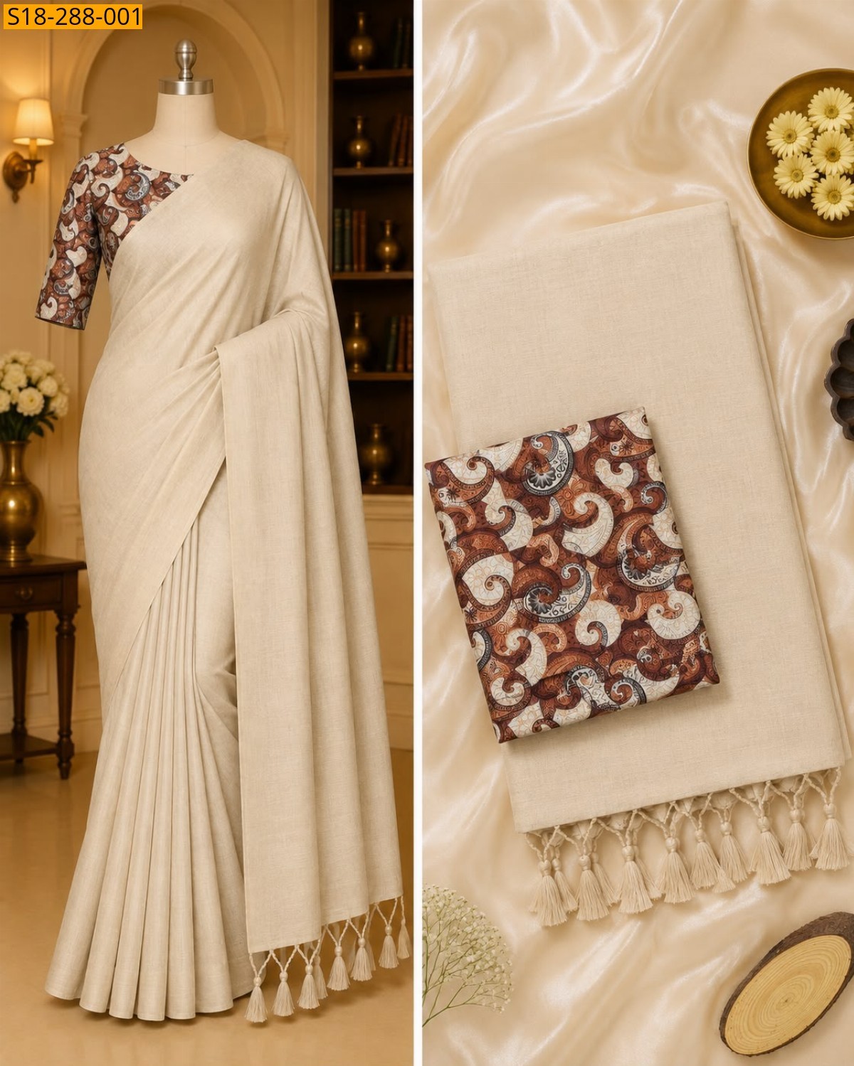 Half White Fancy Khadi Cotton Saree
