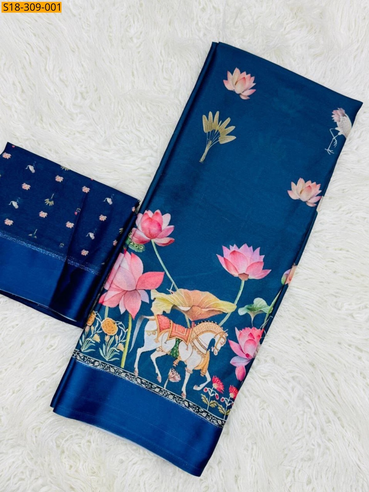 Navy Blue Fancy Moss Satin Soft Silk Saree