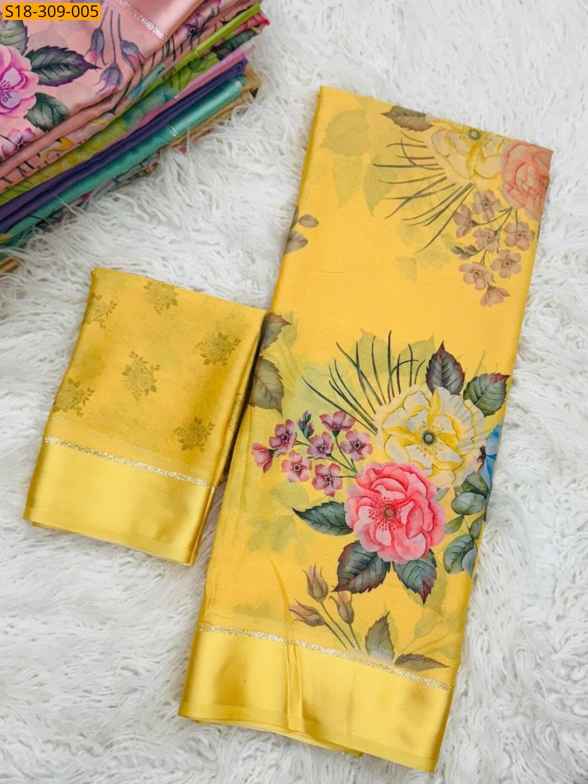 Yellow Fancy Moss Satin Soft Silk Saree