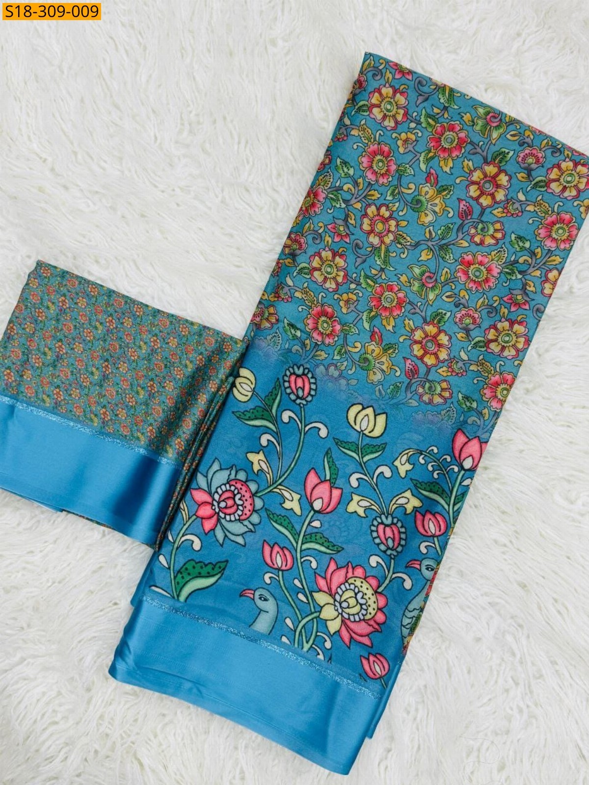 Blue Fancy Moss Satin Soft Silk Saree