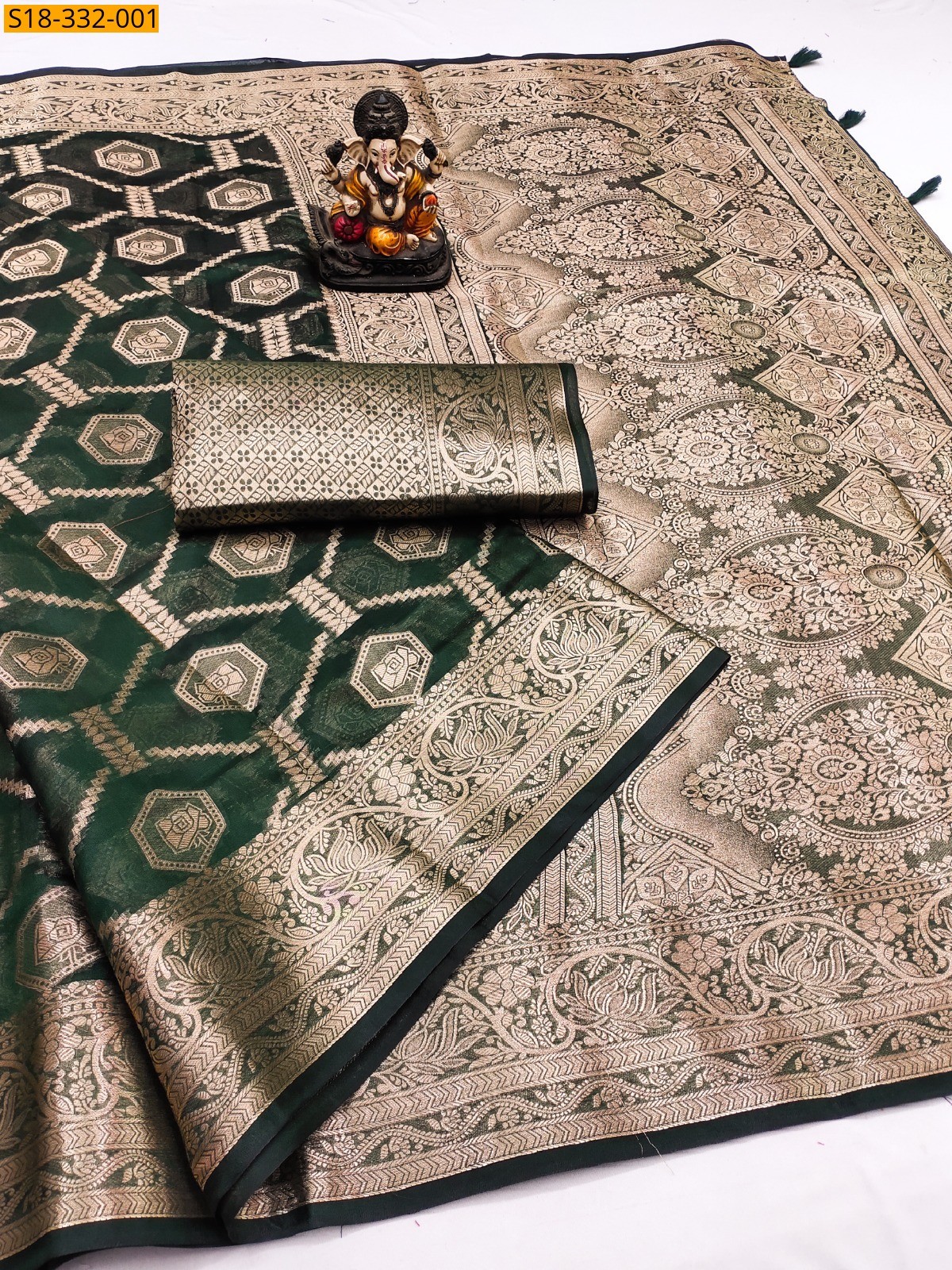 Bottle Green Fancy Banarasi Tissue Embroidery Soft Silk Saree
