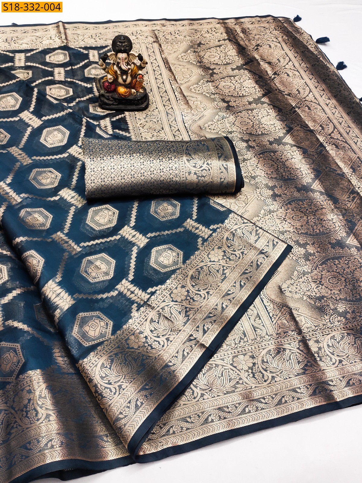 Navy Blue Fancy Banarasi Tissue Embroidery Soft Silk Saree