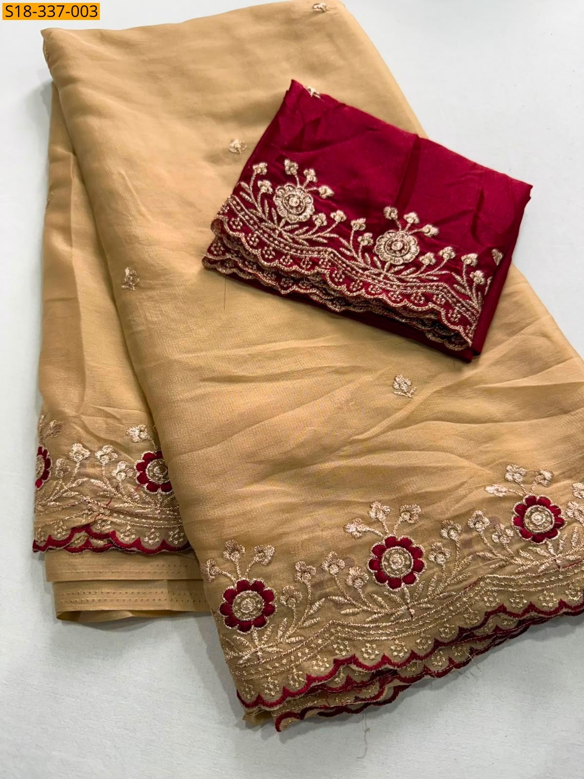 Beige Fancy Star Georgette Embroidery Saree