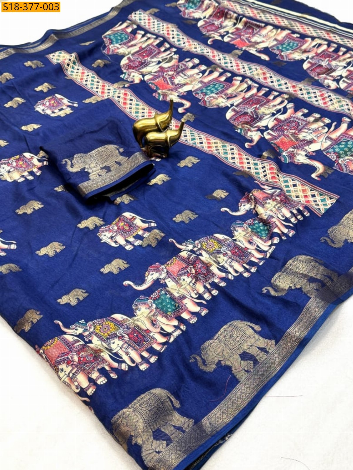 Navy Blue Fancy Soft Dola Tanjore Saree
