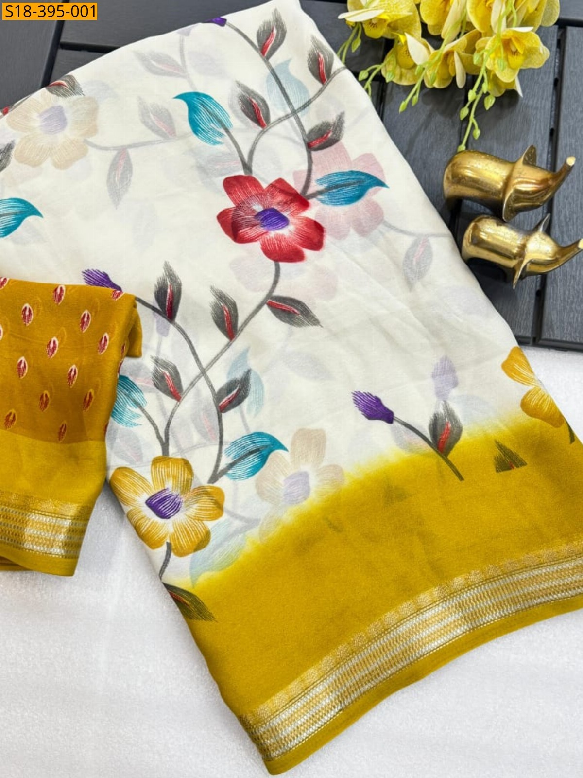 Half White Fancy Georgette Silk Saree