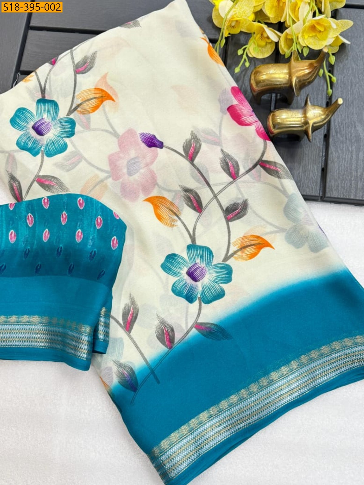 Half White Fancy Georgette Silk Saree