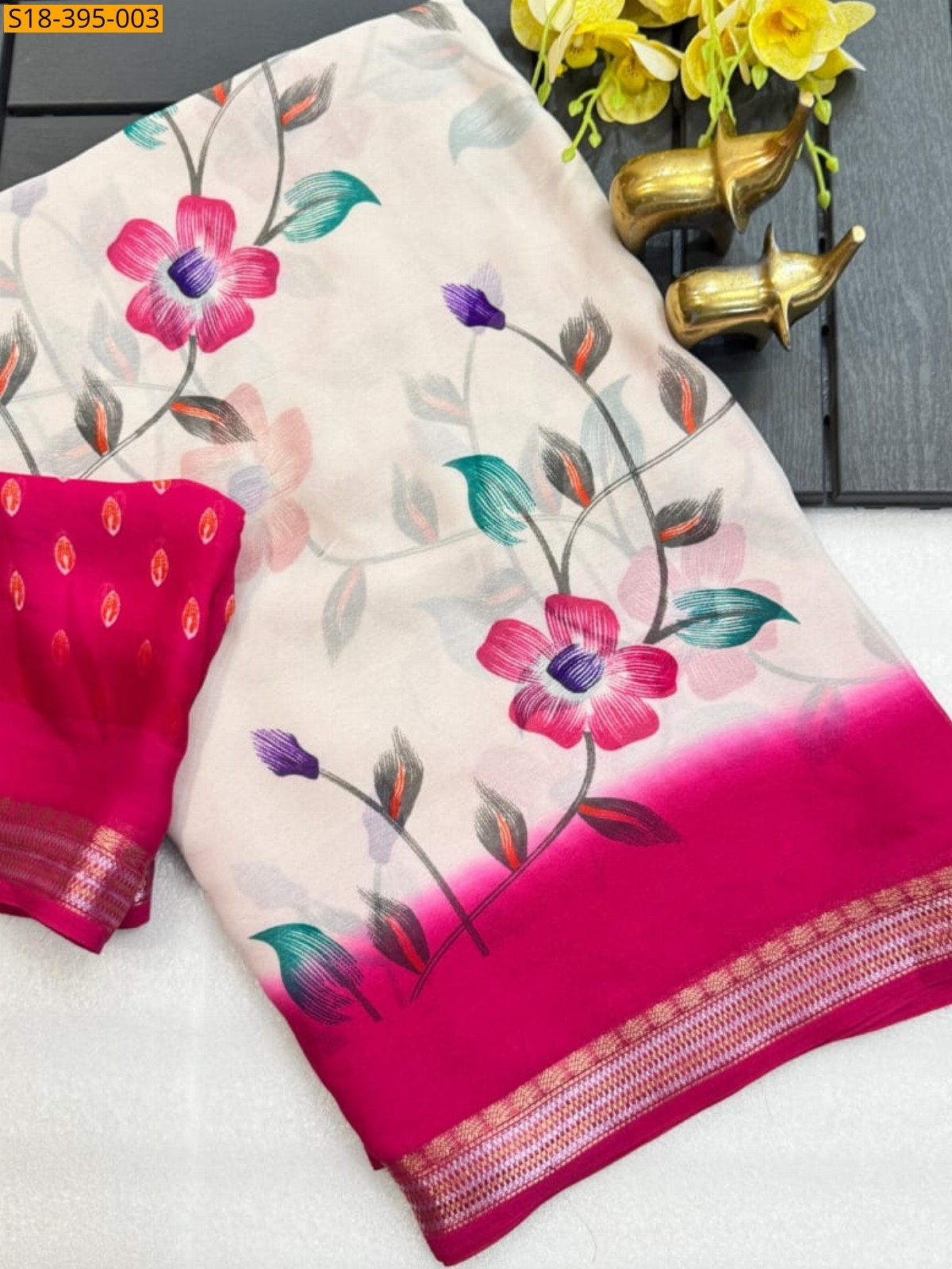 Half White Fancy Georgette Silk Saree