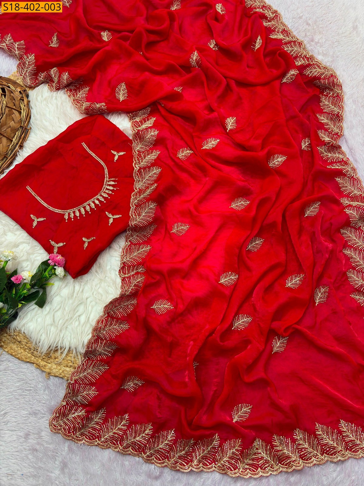 Red Fancy Fendy Satin Saree