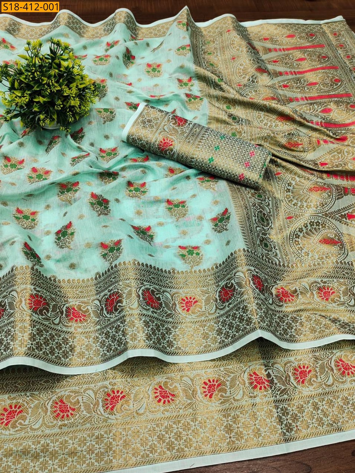 Sea Green Fancy Soft Muga Cotton Saree