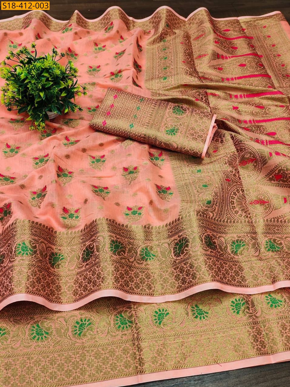 Peach Fancy Soft Muga Cotton Saree