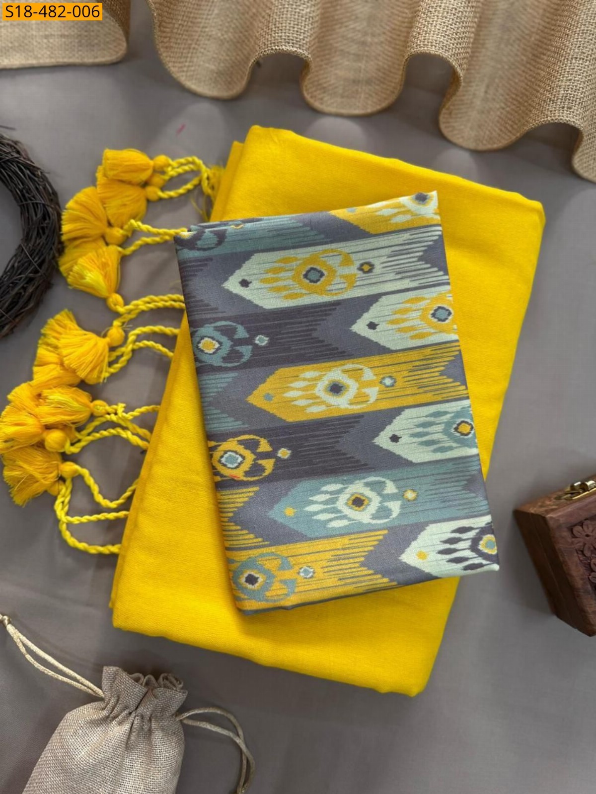 Yellow Fancy Khadi cotton Saree