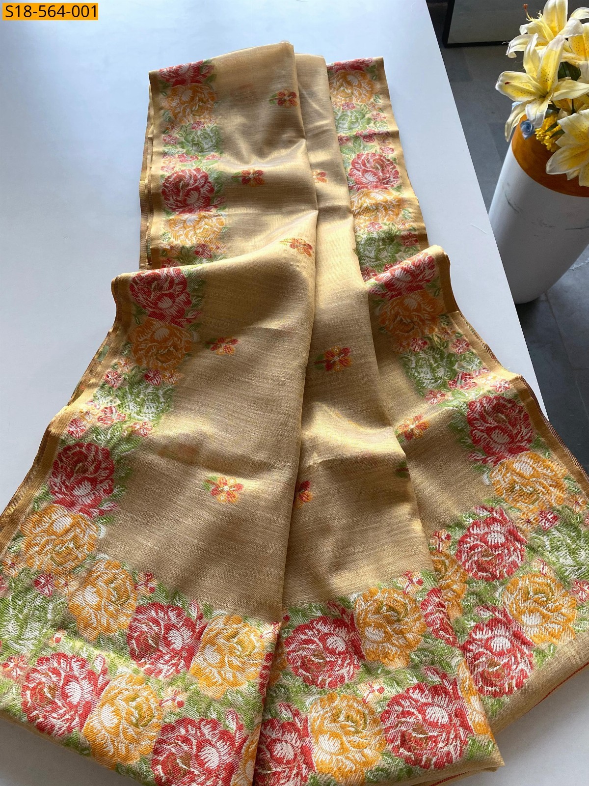 Sandal Fancy Tissue Silk Weaving Saree