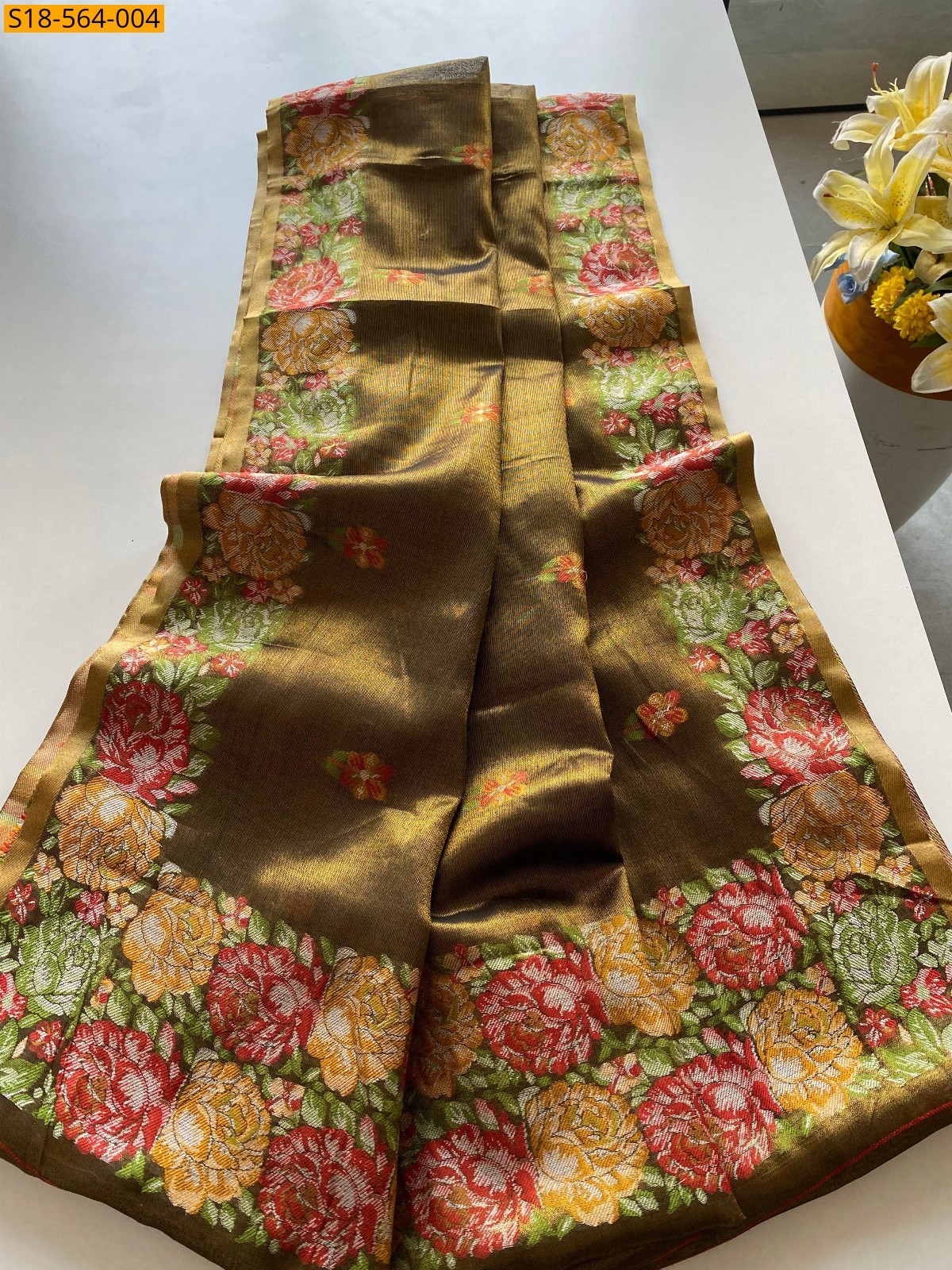 Olive Green Fancy Tissue Silk Weaving Saree