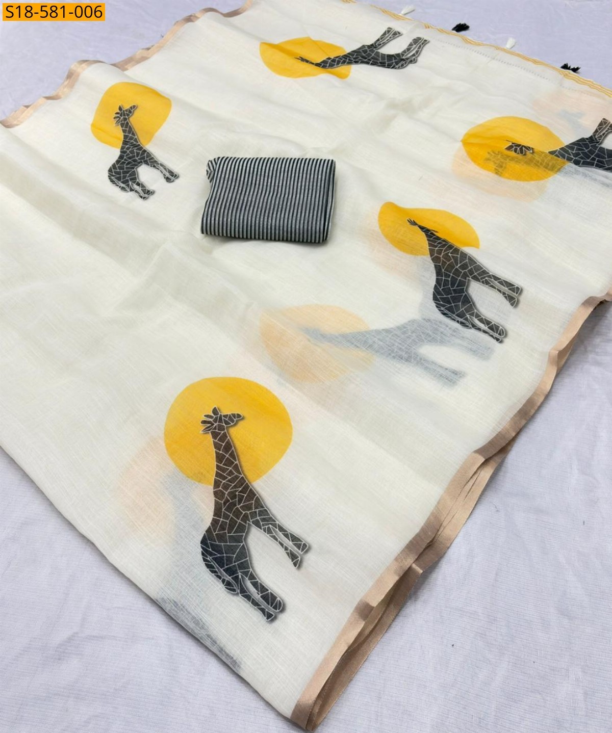 Half White Fancy Linen Printed saree