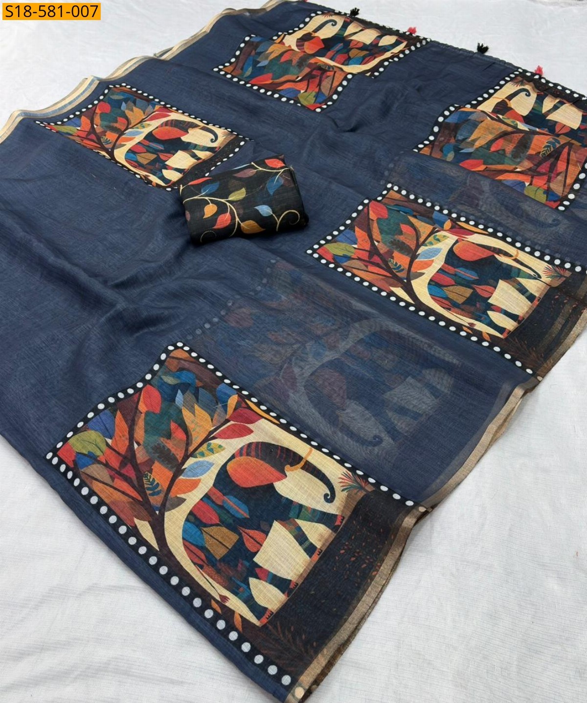 Navy Blue Fancy Linen Printed saree