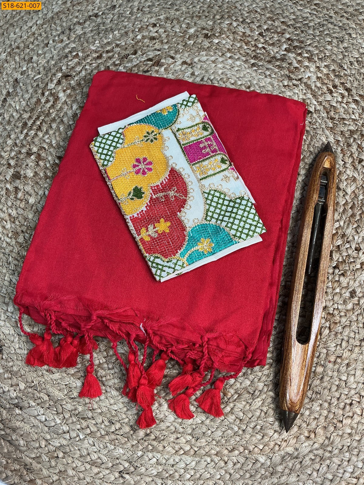 Red Fancy Khadi cotton Saree