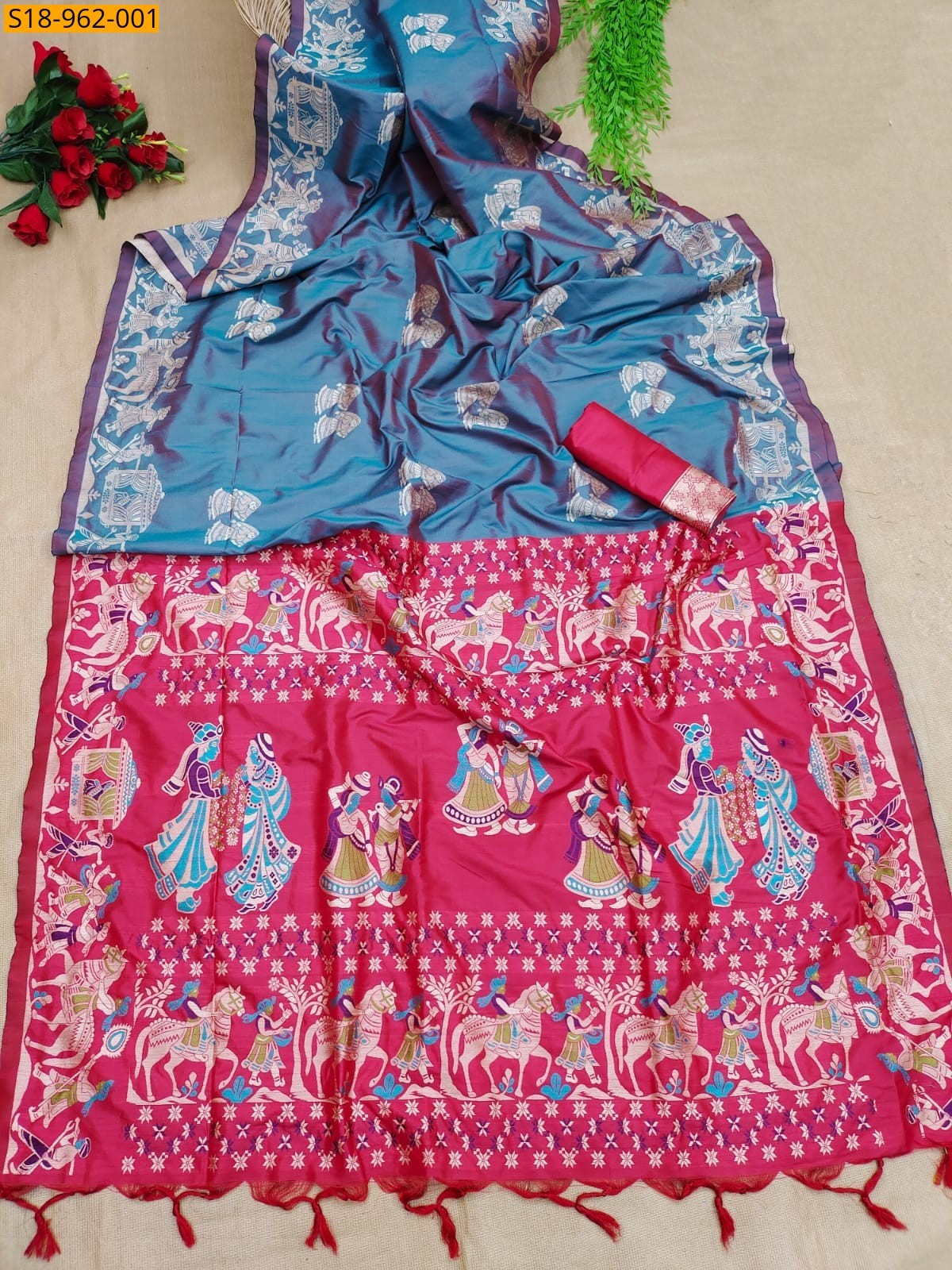 Blue Fancy Soft Raw Silk Two tone Weaving saree