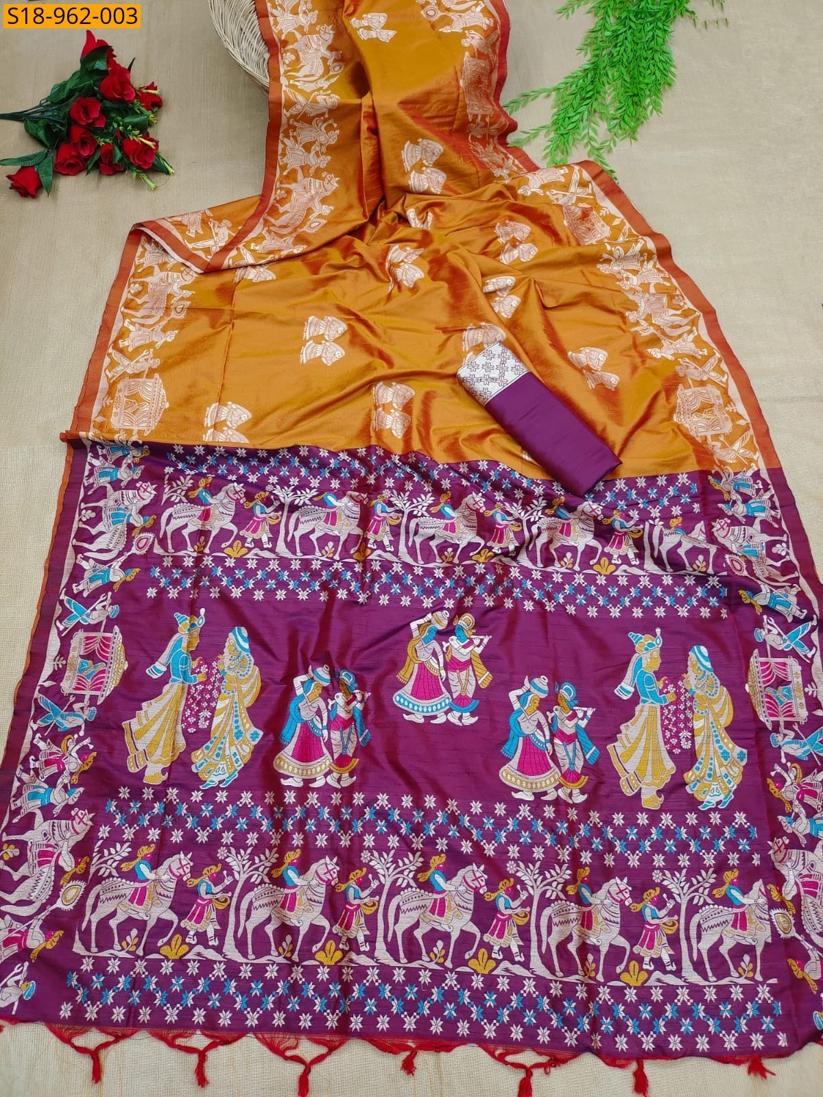 Orange Fancy Soft Raw Silk Two tone Weaving saree