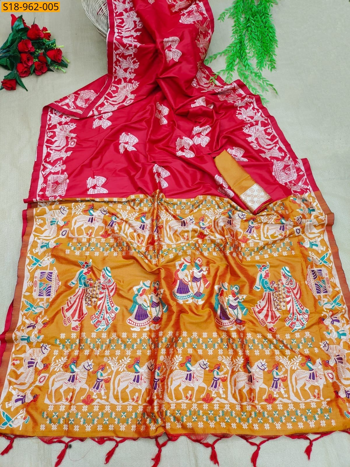 Red Fancy Soft Raw Silk Two tone Weaving saree