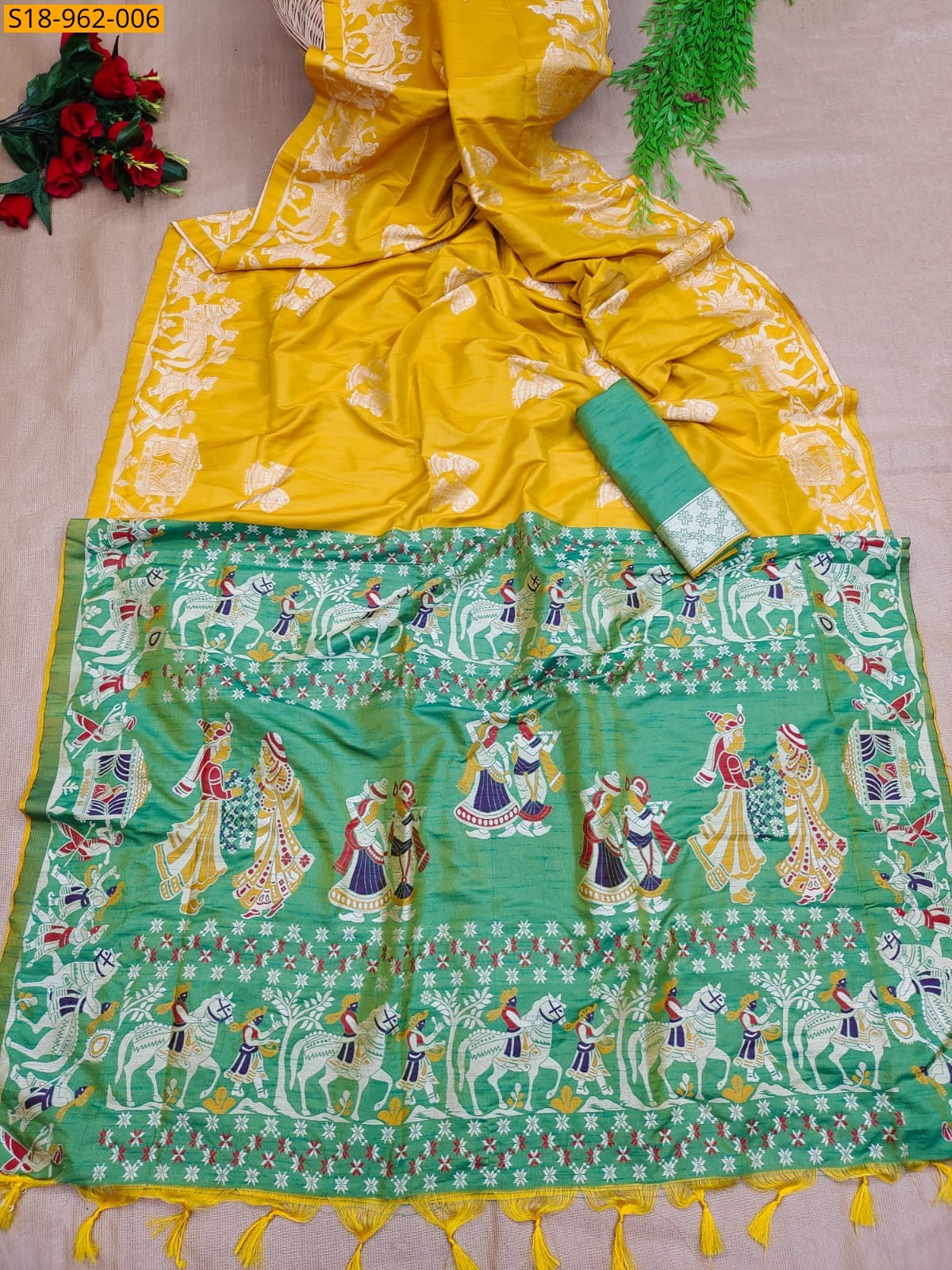 Yellow Fancy Soft Raw Silk Two tone Weaving saree