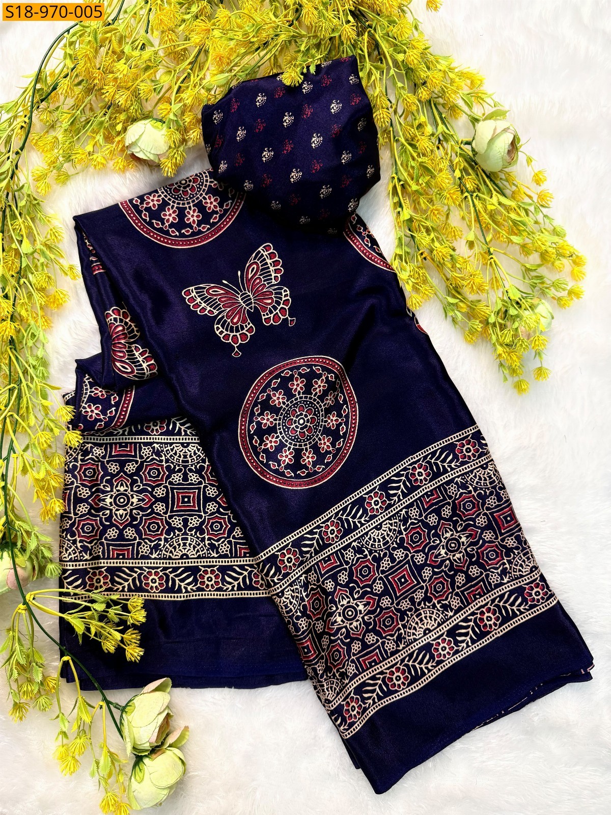 Navy Blue Fancy Crepe Gajji Silk Saree