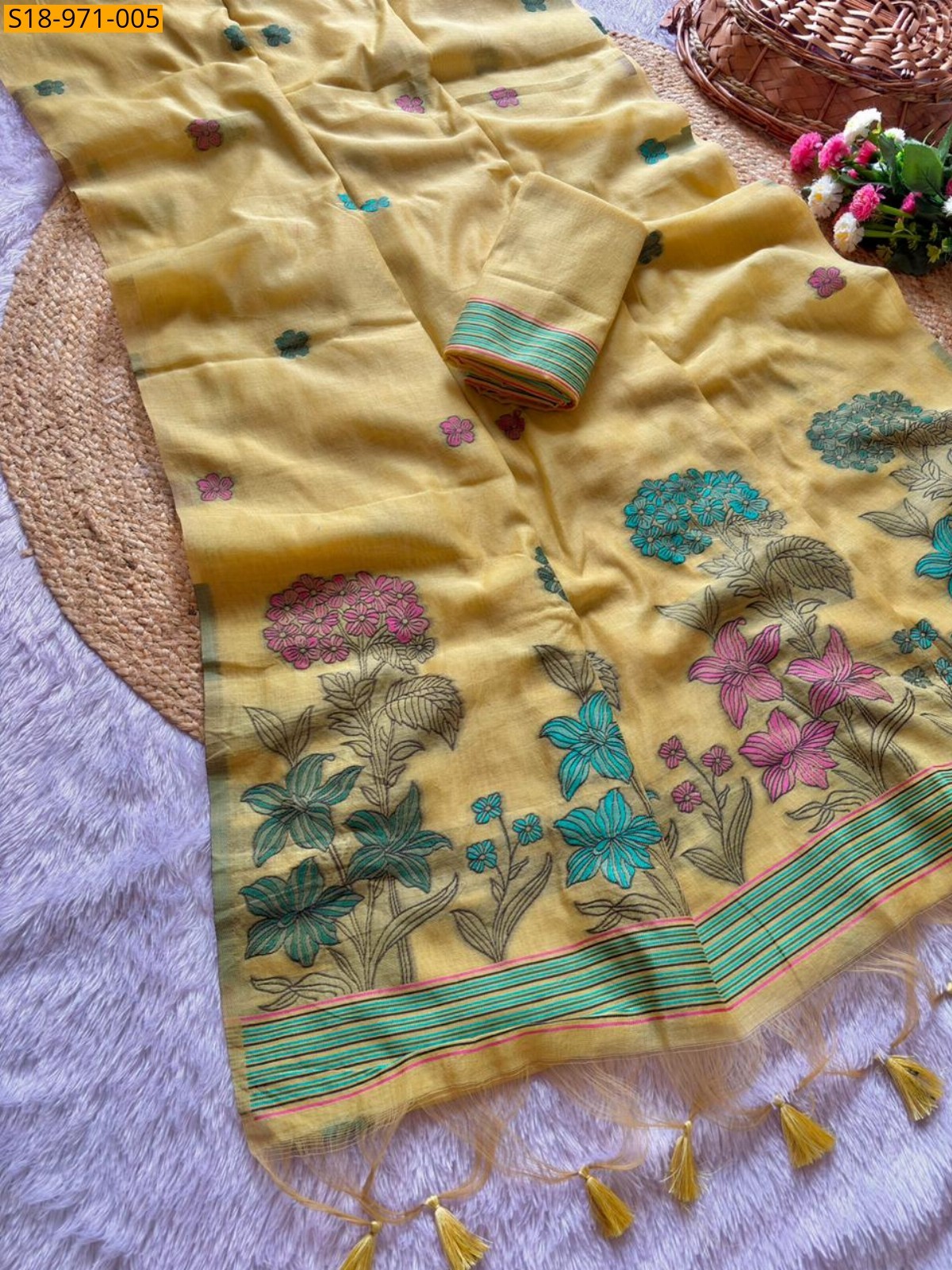 Yellow Fancy Soft Muga Cotton Saree