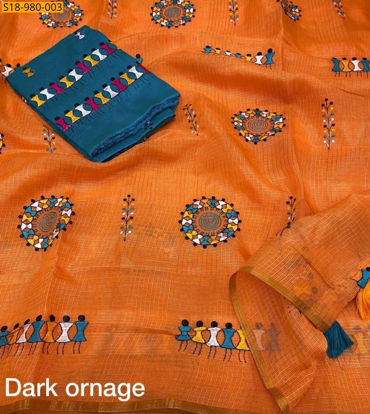 Orange Fancy Manipuri Kota Checks Sarees