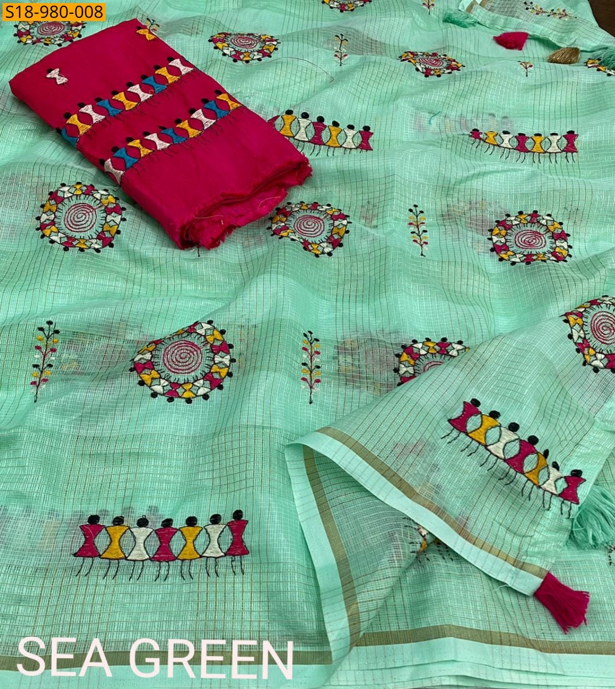 Sea Green Fancy Manipuri Kota Checks Sarees