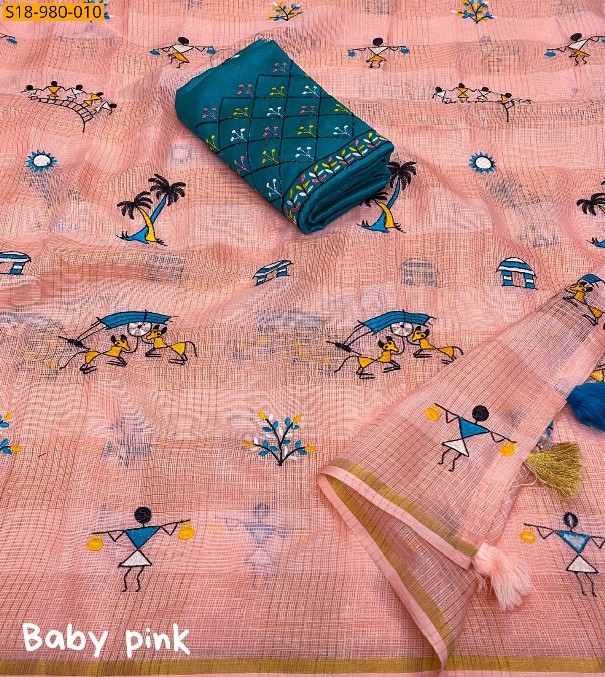 Peach Fancy Manipuri Kota Checks Sarees