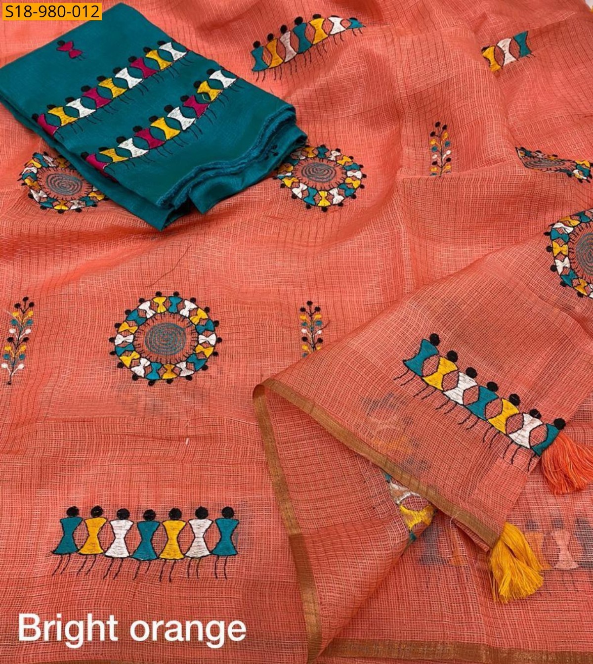 Orange Fancy Manipuri Kota Checks Sarees