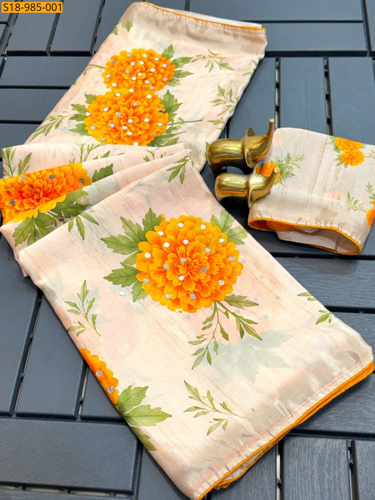 Beige Fancy Chinon Flower Digital printed Sarees