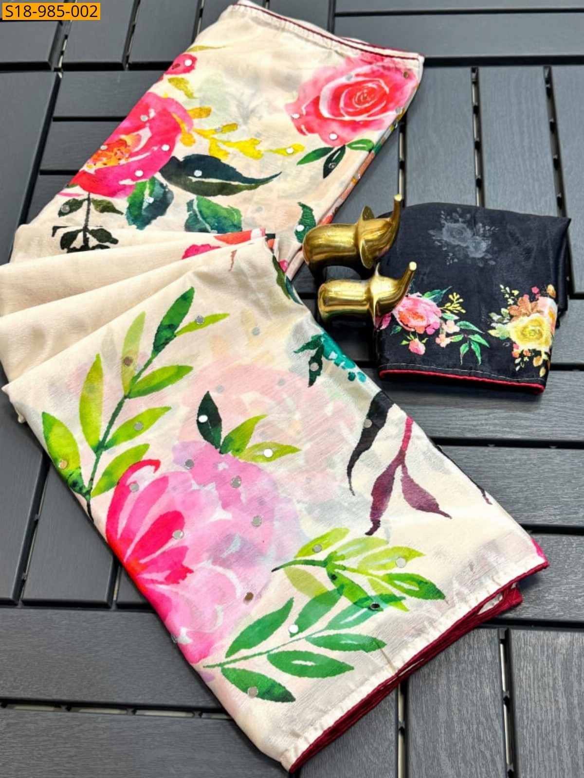 Beige Fancy Chinon Flower Digital printed Sarees