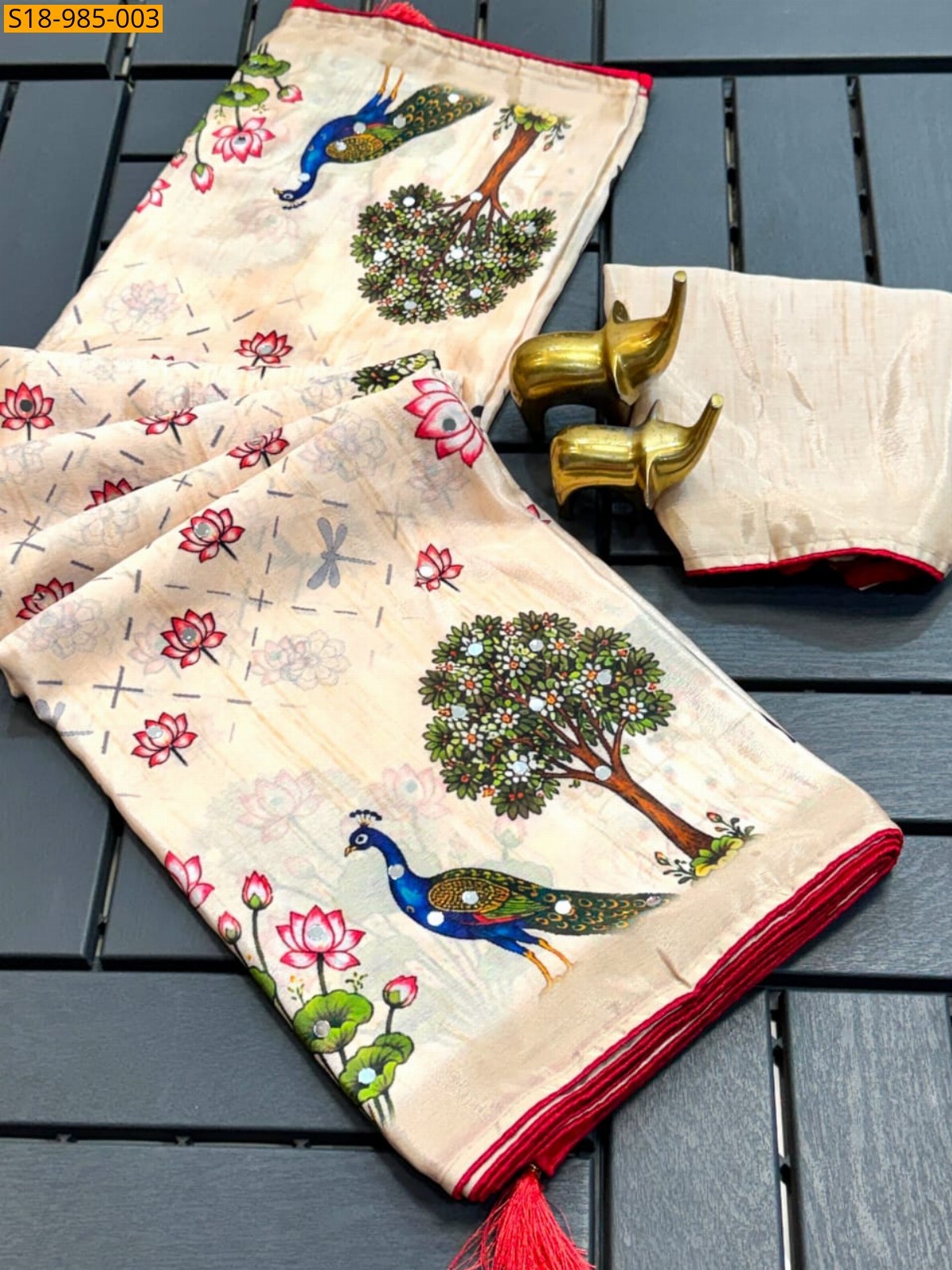 Beige Fancy Chinon Flower Digital printed Sarees
