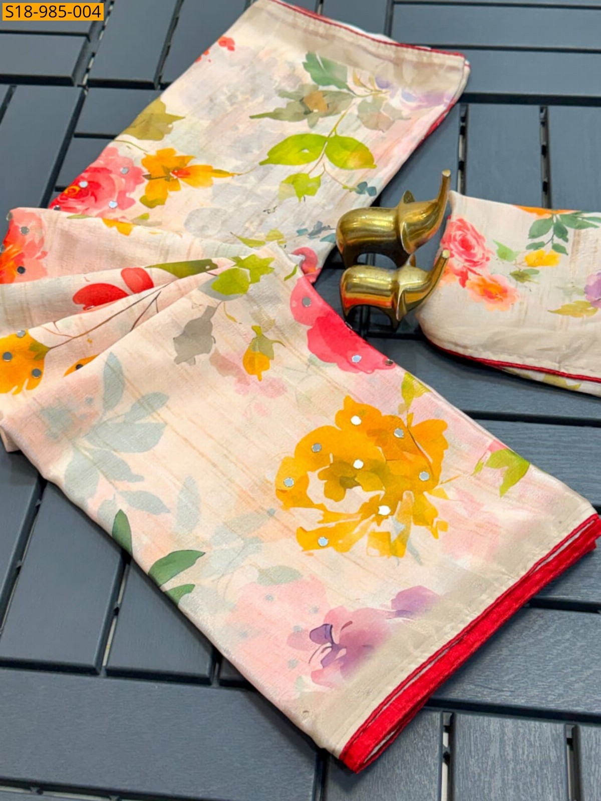 Beige Fancy Chinon Flower Digital printed Sarees