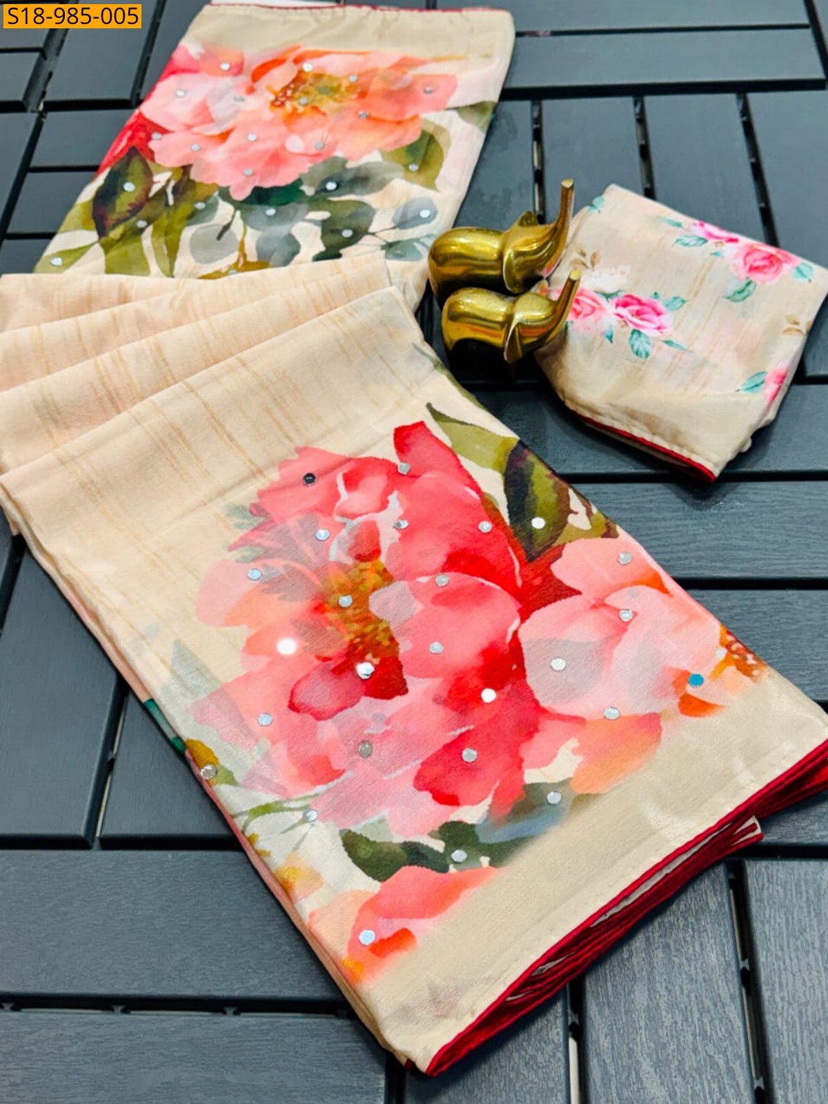 Beige Fancy Chinon Flower Digital printed Sarees