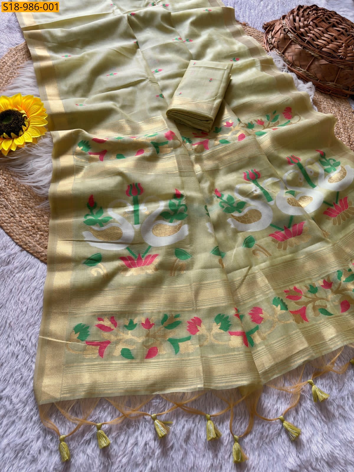 Light green Fancy Soft Muga Cotton Sarees