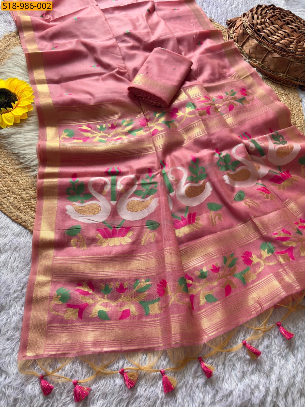 Peach Fancy Soft Muga Cotton Sarees