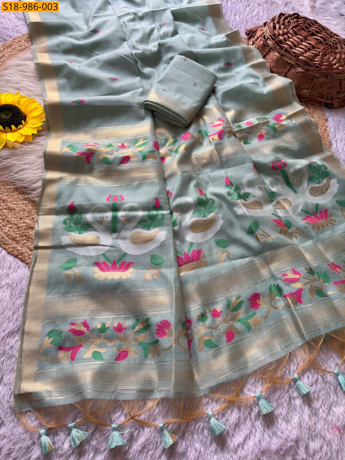 Green Fancy Soft Muga Cotton Sarees
