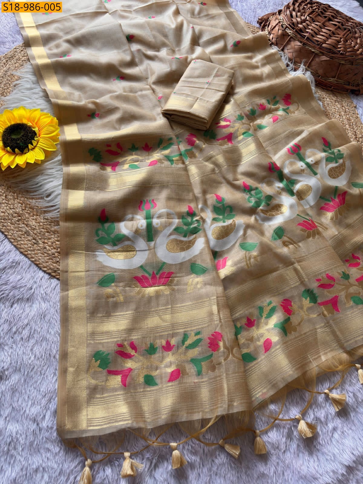 Beige Fancy Soft Muga Cotton Sarees